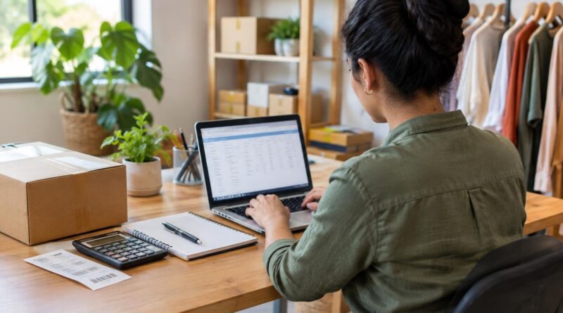 Mulher vista de costas sentada à mesa de trabalho, usando notebook com planilha aberta, ao lado há uma calculadora, caderno de anotações, caneta e caixas, em um ambiente com prateleira e cabide com roupas ao fundo.
