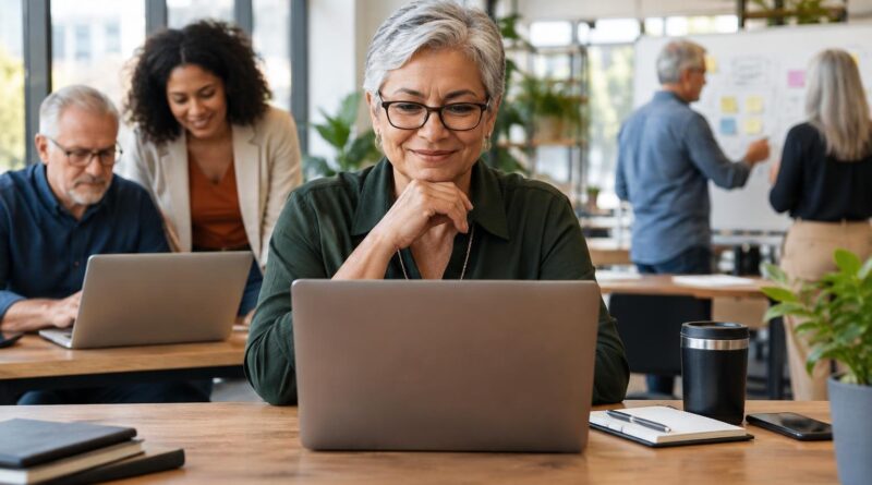 Mulher madura sorridente usando óculos sentada em mesa de escritório com laptop, ao fundo outras pessoas adultas trabalhando em ambiente moderno e iluminado.