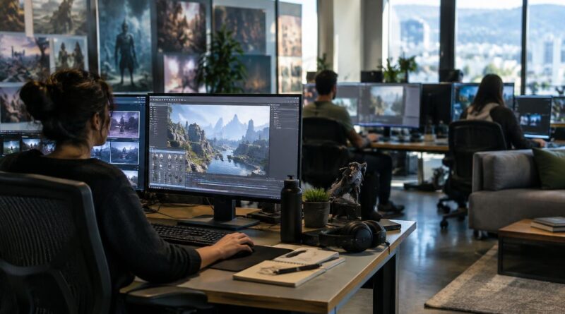 Ambiente interno de escritório moderno com pessoas trabalhando em computadores que exibem imagens digitais de cenários e personagens de jogos. Na mesa em primeiro plano há uma figura de personagem, fones de ouvido, caderno e garrafa de água.
