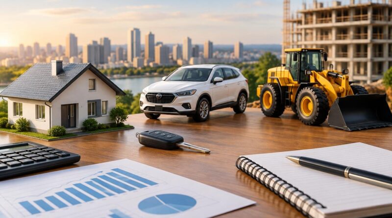 Miniatura de uma casa, um carro branco, um trator amarelo, uma chave de carro, gráficos de papel, um caderno e uma caneta sobre uma mesa, com um cenário urbano desfocado ao fundo.