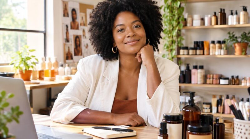 Mulher negra sorridente com cabelo natural, vestindo blazer claro e blusa marrom, sentada à mesa com diversos frascos e potes de cosméticos, em um ambiente claro com prateleiras e plantas ao fundo.