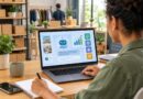Pessoa sentada em mesa escreve em caderno enquanto observa na tela de laptop um ícone de robô com elementos gráficos relacionados a negócios, em um ambiente interno com caixas e itens de loja ao fundo.