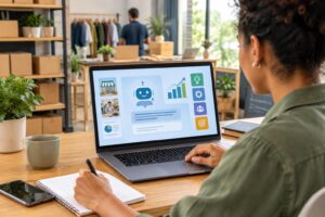 Pessoa sentada em mesa escreve em caderno enquanto observa na tela de laptop um ícone de robô com elementos gráficos relacionados a negócios, em um ambiente interno com caixas e itens de loja ao fundo.