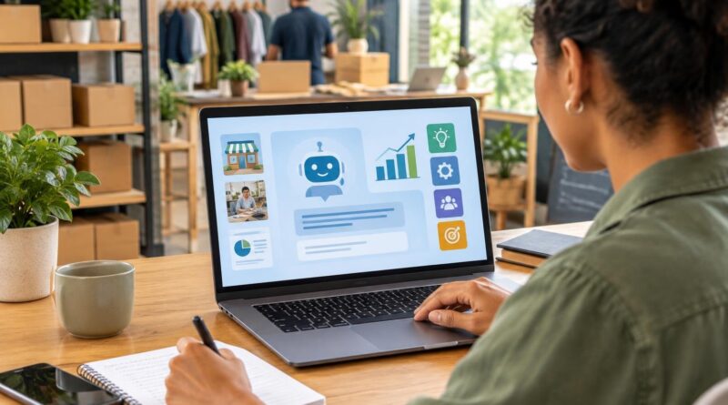 Pessoa sentada em mesa escreve em caderno enquanto observa na tela de laptop um ícone de robô com elementos gráficos relacionados a negócios, em um ambiente interno com caixas e itens de loja ao fundo.