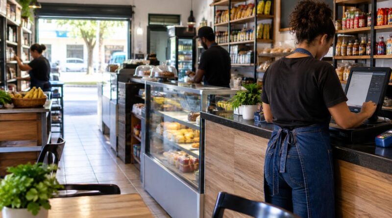 Interior de uma pequena loja de alimentos com três funcionários trabalhando: uma mulher digitando em um caixa eletrônico, outro funcionário ao fundo arrumando prateleiras e uma terceira pessoa perto da porta com árvores visíveis pela janela.