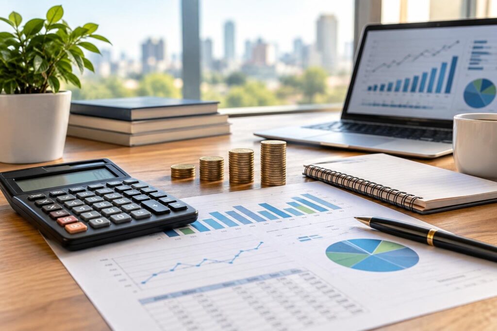 Mesa de madeira com calculadora, quatro pilhas crescentes de moedas, gráficos impressos com barras e linhas, notebook mostrando gráficos financeiros, bloco de anotações e caneta preta com detalhes dourados, com fundo desfocado de cidade.