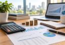 Mesa de madeira com calculadora, quatro pilhas crescentes de moedas, gráficos impressos com barras e linhas, notebook mostrando gráficos financeiros, bloco de anotações e caneta preta com detalhes dourados, com fundo desfocado de cidade.