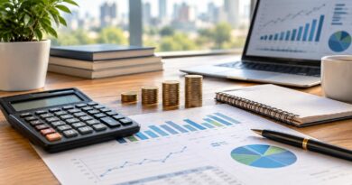 Mesa de madeira com calculadora, quatro pilhas crescentes de moedas, gráficos impressos com barras e linhas, notebook mostrando gráficos financeiros, bloco de anotações e caneta preta com detalhes dourados, com fundo desfocado de cidade.