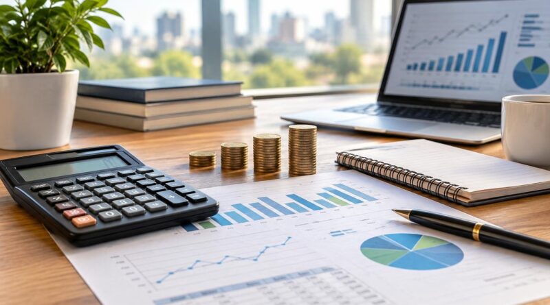 Mesa de madeira com calculadora, quatro pilhas crescentes de moedas, gráficos impressos com barras e linhas, notebook mostrando gráficos financeiros, bloco de anotações e caneta preta com detalhes dourados, com fundo desfocado de cidade.