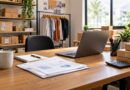 Mesa de escritório com laptop aberto, documentos, caneca, porta-canetas, calculadora e prateleiras ao fundo com caixas de papelão e roupas penduradas, ambiente com iluminação natural.