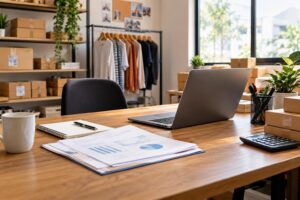 Mesa de escritório com laptop aberto, documentos, caneca, porta-canetas, calculadora e prateleiras ao fundo com caixas de papelão e roupas penduradas, ambiente com iluminação natural.