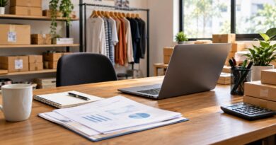 Mesa de escritório com laptop aberto, documentos, caneca, porta-canetas, calculadora e prateleiras ao fundo com caixas de papelão e roupas penduradas, ambiente com iluminação natural.