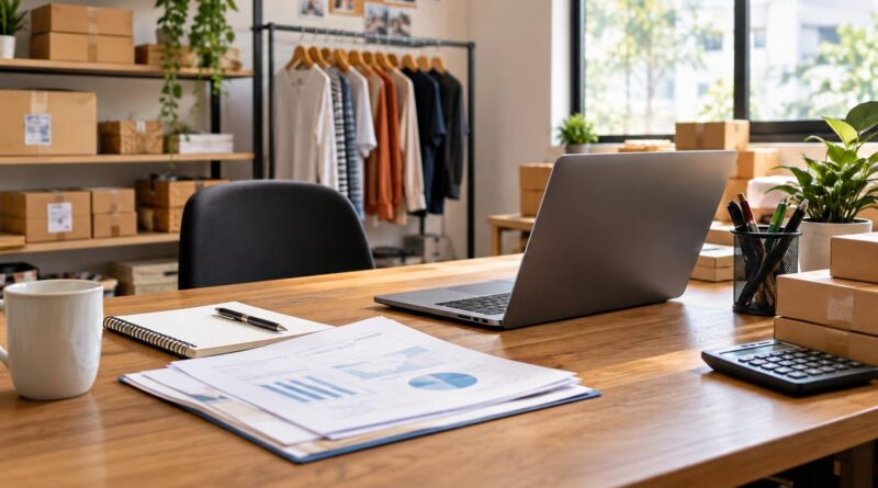 Mesa de escritório com laptop aberto, documentos, caneca, porta-canetas, calculadora e prateleiras ao fundo com caixas de papelão e roupas penduradas, ambiente com iluminação natural.
