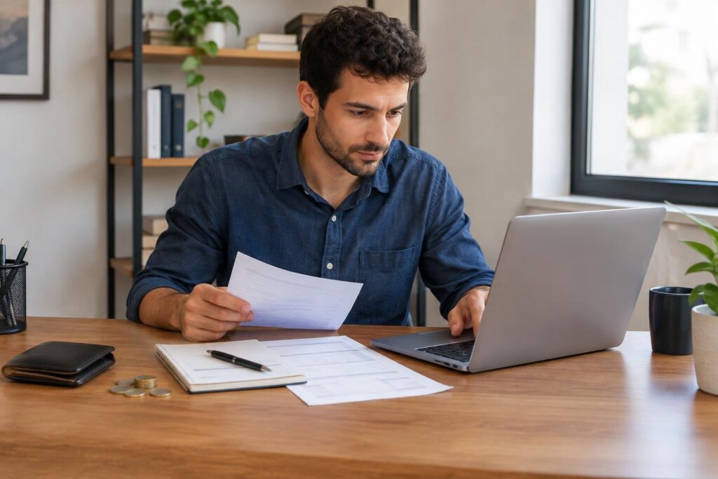 Homem sentado à mesa em um escritório, olhando atentamente para um documento que segura com uma mão, com um notebook aberto à sua frente e outros papéis sobre a mesa.
