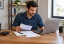 Homem sentado à mesa em um escritório, olhando atentamente para um documento que segura com uma mão, com um notebook aberto à sua frente e outros papéis sobre a mesa.