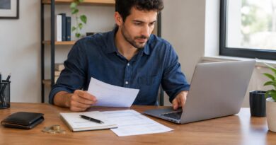 Homem sentado à mesa em um escritório, olhando atentamente para um documento que segura com uma mão, com um notebook aberto à sua frente e outros papéis sobre a mesa.