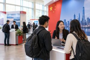 Pessoas conversando em um estande com decoração nas cores vermelho e branco, com bandeira da China e imagens de prédios modernos ao fundo, indicando feira de empresas chinesas.