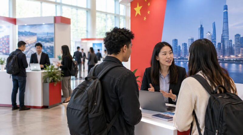Pessoas conversando em um estande com decoração nas cores vermelho e branco, com bandeira da China e imagens de prédios modernos ao fundo, indicando feira de empresas chinesas.