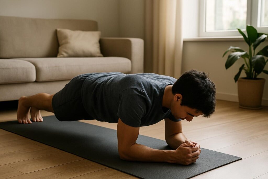 Pessoa fazendo prancha abdominal sobre um tapete de ginástica em casa