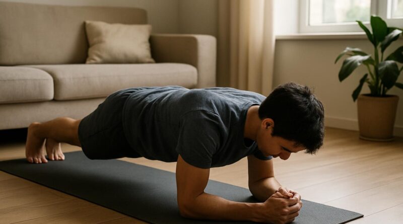 Pessoa fazendo prancha abdominal sobre um tapete de ginástica em casa