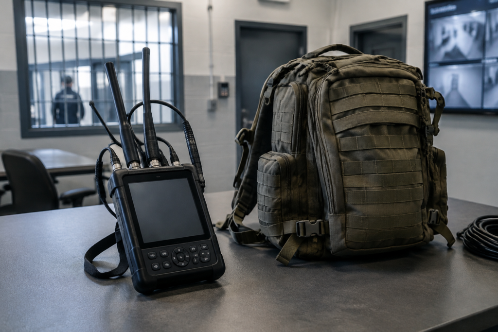 Equipamentos transportados em mochilas táticas identificam aparelhos conectados às redes móveis.