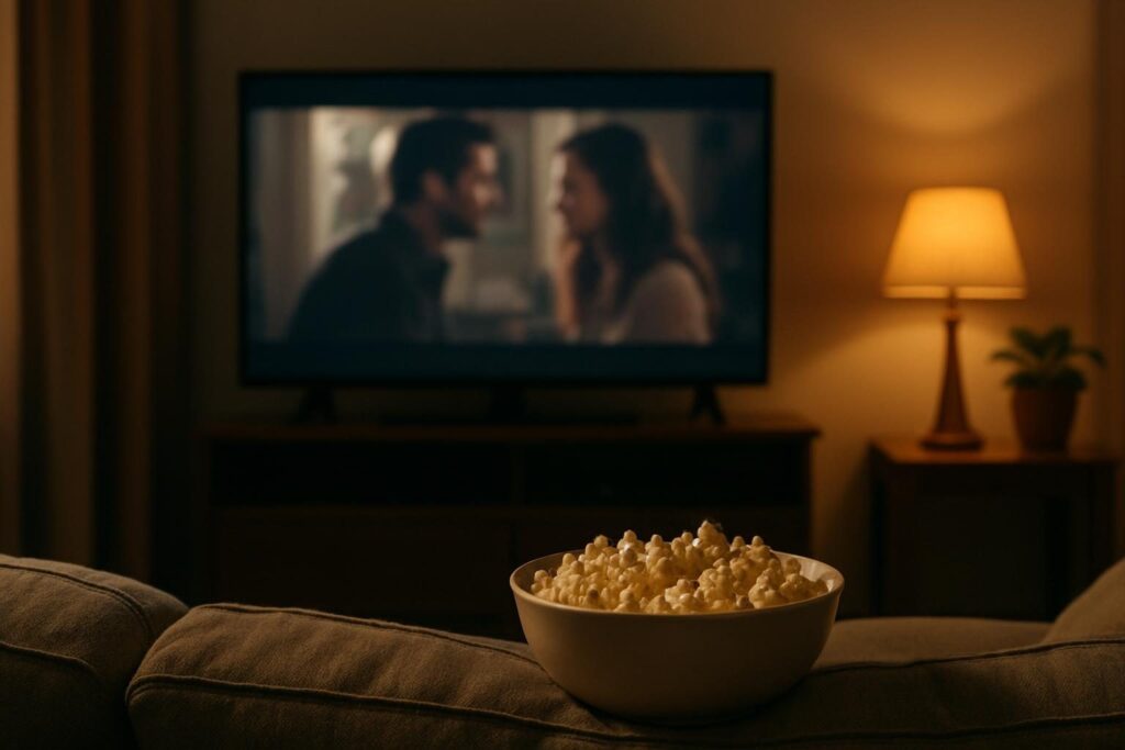 Sala de estar à noite com televisão ligada e tigela de pipoca no sofá, pronta para uma sessão de filme