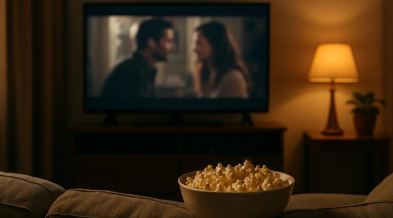 Sala de estar à noite com televisão ligada e tigela de pipoca no sofá, pronta para uma sessão de filme