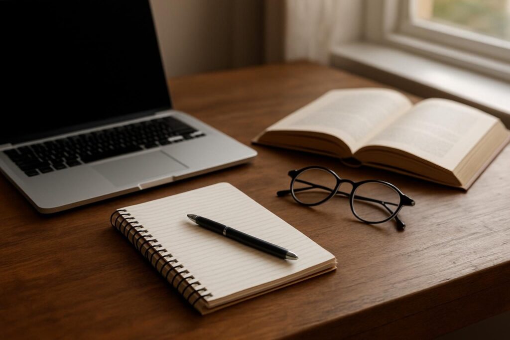 Mesa com livro aberto, caderno de anotações e notebook para pesquisar a história real por trás de um filme