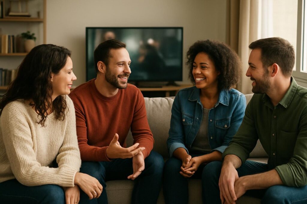Amigos conversam no sofá depois de assistir a um filme, em ambiente doméstico e descontraído