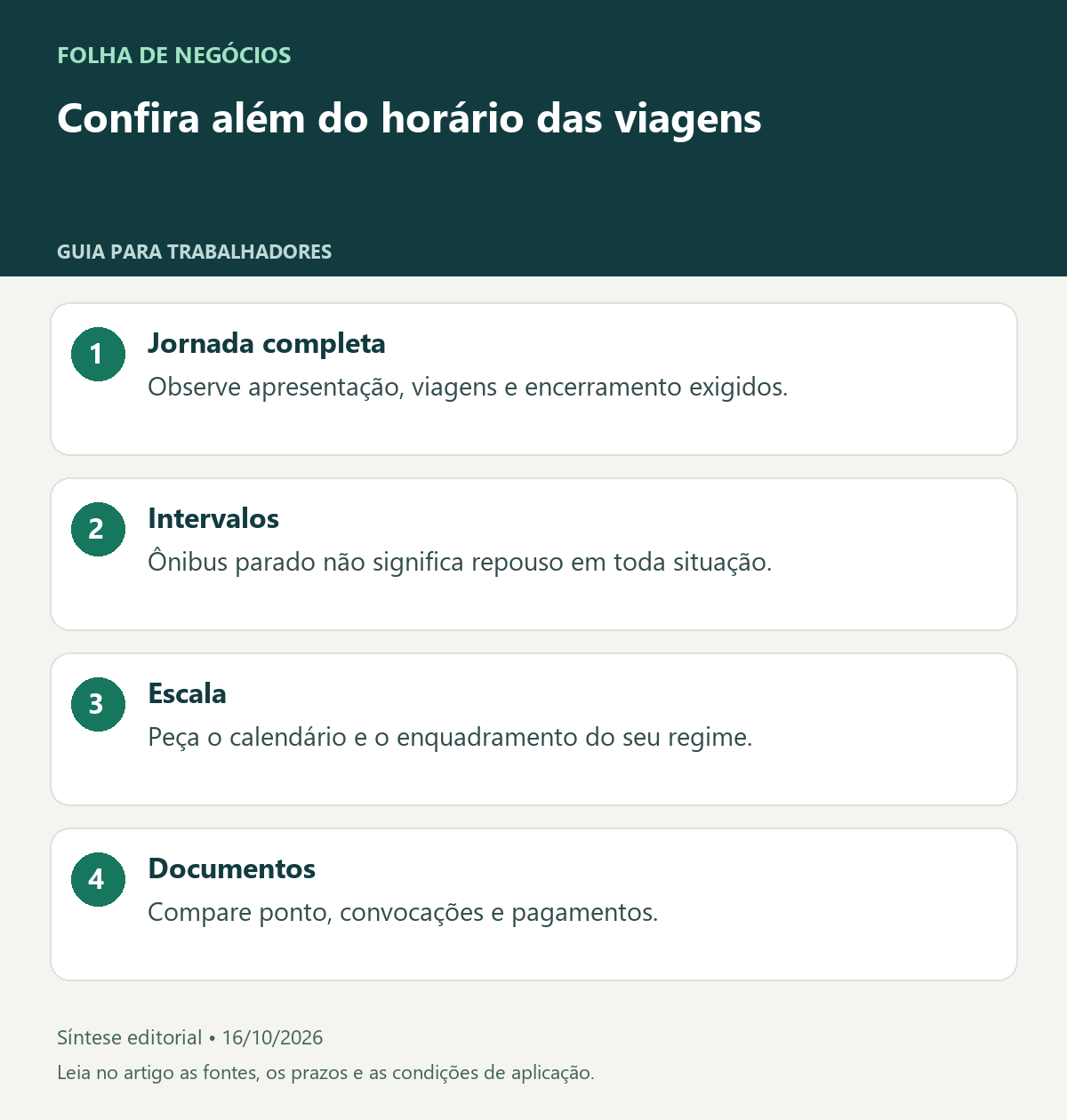 Confira além do horário das viagens. Jornada completa: Observe apresentação, viagens e encerramento exigidos.. Intervalos: Ônibus parado não significa repouso em toda situação.. Escala: Peça o calendário e o enquadramento do seu regime.. Documentos: Compare ponto, convocações e pagamentos.