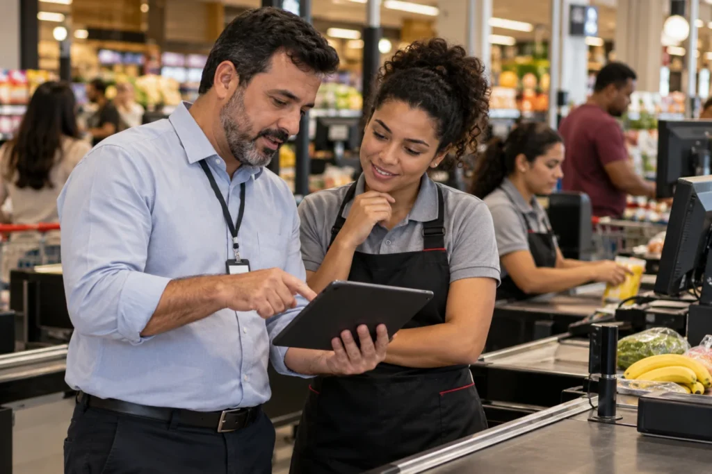 Imagem ilustrativa: operadores de caixa no supermercado