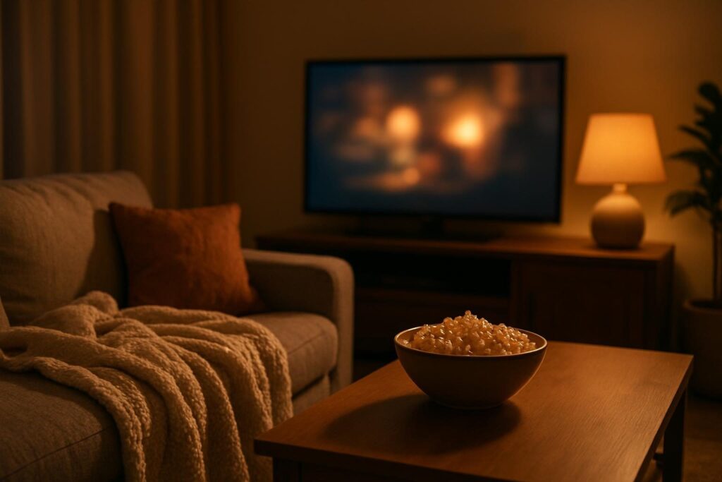 Sala de estar com TV ligada, sofá e pipoca, ambiente de maratona de filmes