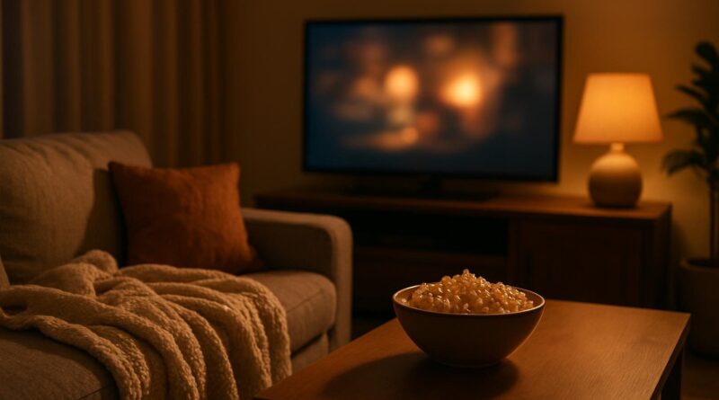 Sala de estar com TV ligada, sofá e pipoca, ambiente de maratona de filmes