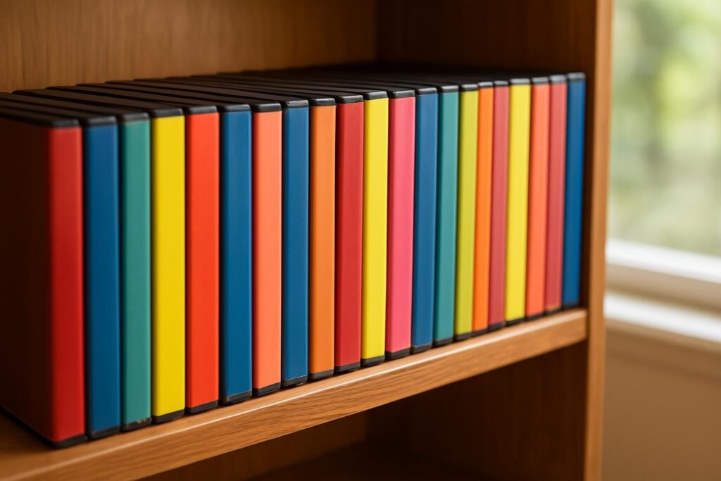 Estante de madeira com coleção de DVDs de filmes dos anos 2000
