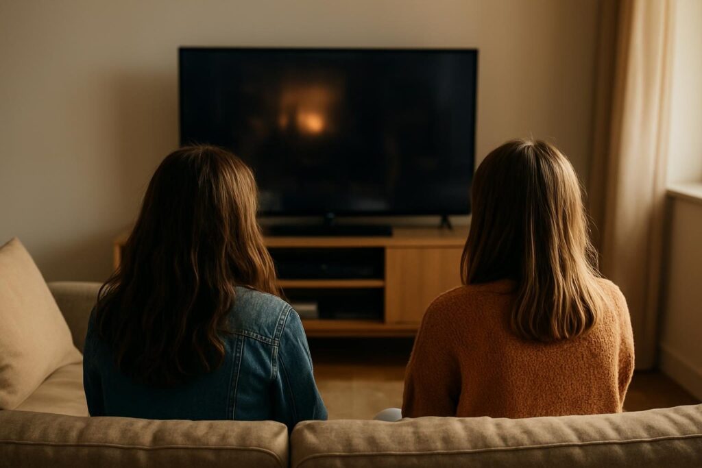 Duas amigas de costas assistindo a um filme juntas no sofá de casa