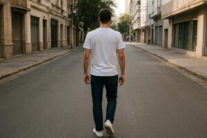 Homem de camiseta branca, jeans escuro e tênis branco caminhando em uma rua, exemplo de look masculino casual