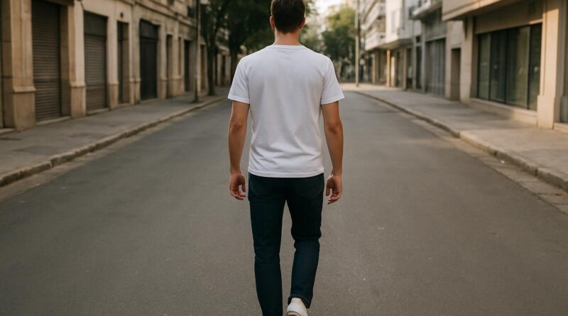 Homem de camiseta branca, jeans escuro e tênis branco caminhando em uma rua, exemplo de look masculino casual