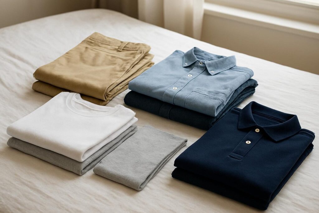 Peças-base de roupa masculina organizadas sobre a cama: camisetas, camisa, polo, jeans e calça chino
