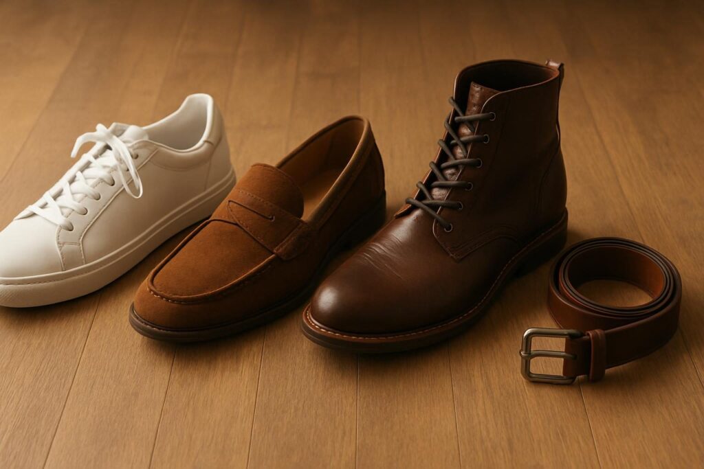 Tênis branco, mocassim e bota de couro com cinto marrom, opções de calçado para o traje casual masculino