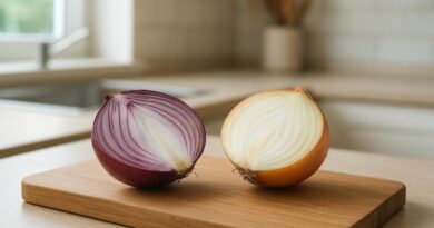 Cebola cortada ao meio sobre tábua de madeira na cozinha