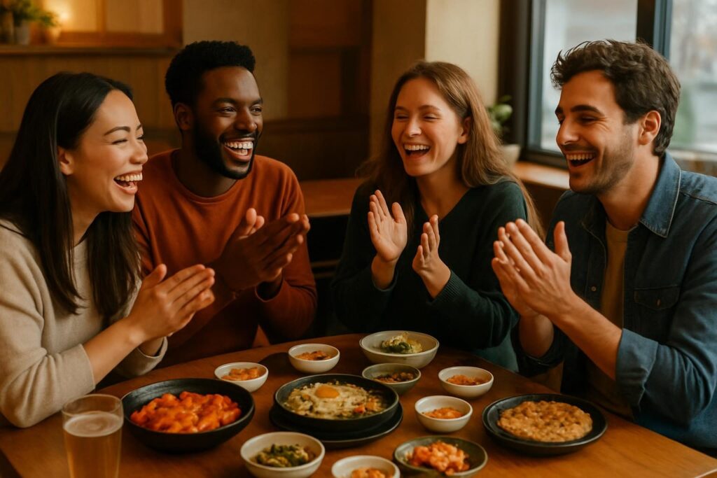 Amigos batendo palmas ao redor de uma mesa em restaurante, como no jogo coreano que inspirou a música