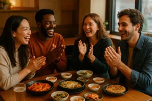 Amigos batendo palmas ao redor de uma mesa em restaurante, como no jogo coreano que inspirou a música