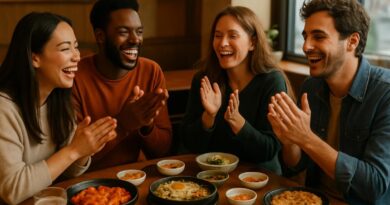 Amigos batendo palmas ao redor de uma mesa em restaurante, como no jogo coreano que inspirou a música