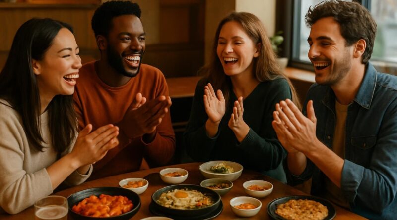 Amigos batendo palmas ao redor de uma mesa em restaurante, como no jogo coreano que inspirou a música