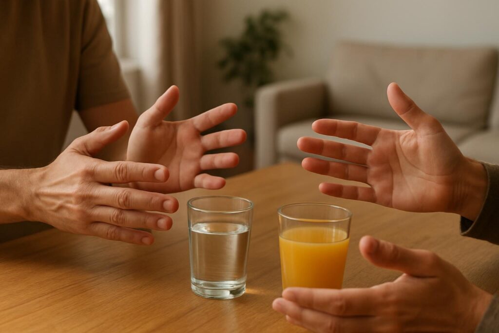 Mãos marcando o ritmo sobre uma mesa com copos de suco e água durante uma brincadeira em grupo