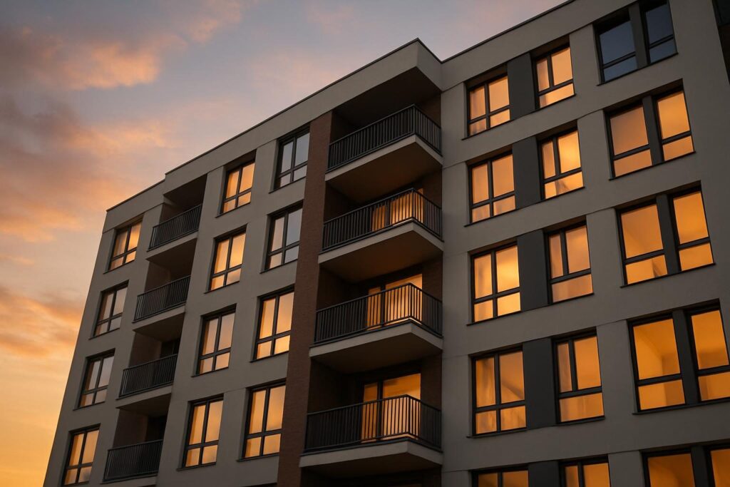 Fachada de prédio de apartamentos ao entardecer, referência ao significado de apartamento
