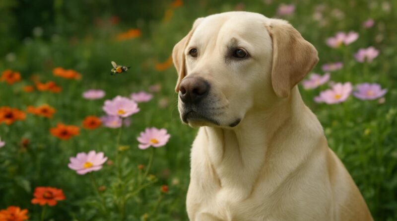 Cachorro labrador em jardim florido com uma abelha voando perto das flores