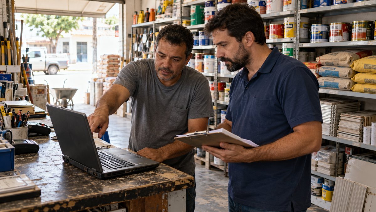 Dois sócios conversam atrás do balcão de uma loja de materiais de construção