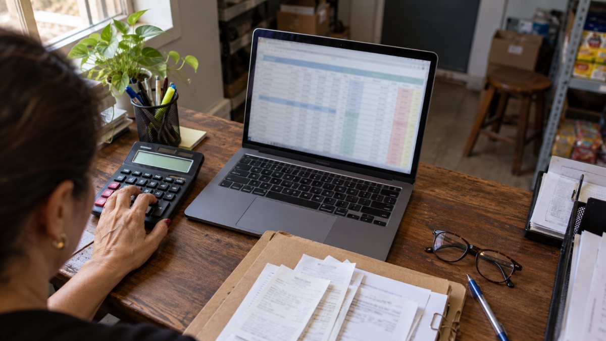Mãos usando calculadora ao lado de notebook e pasta de recibos em um escritório de comércio