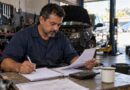 Dono de oficina confere extrato e anota valores no caderno para definir a retirada mensal